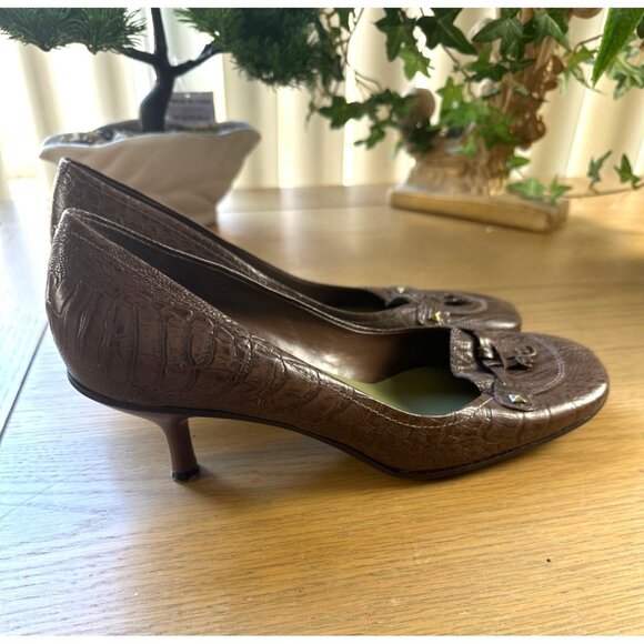 Enzo Angiolini 10 Brown Faux Crocodile Kitten Heel Shoes Buckle Detail EA Flexo - Picture 2 of 6